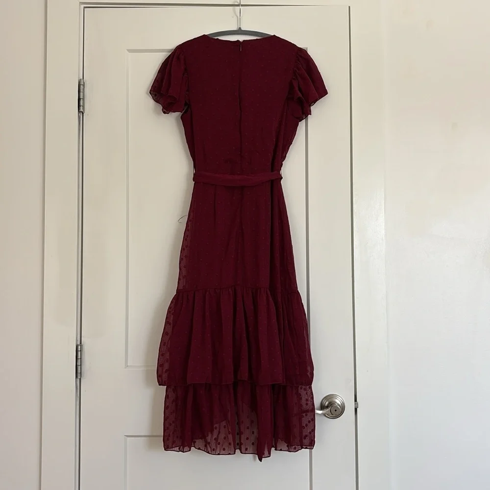 NWT Lulus Have Harmony Maroon Red Swiss Dot Ruffled Faux Wrap Midi Dress